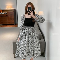 KORELAN 실사 봄 동대문 니트 패치 플라워 롱스커트 느낌 슬림 원피스