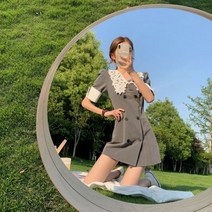 여름 여성복 프렌치 레이스 패치 정장 원피스 빈티지 티샷 더블 버튼 셀럽 미니 스커트