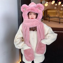귀여운 곰 귀 모자 스카프 장갑 세트 여성 비니 모자 따뜻한 캐주얼 봉제 모자 캐주얼 단색 양털 소녀 카와이 선물 겨울 신제품