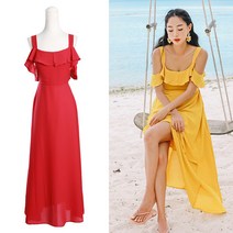 비치팜 쉬폰 오프숄더 롱 비치 휴양지 드레스 윈드 프릴 원피스