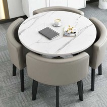 심플 원형식탁 4인의자 대리석 무늬 간단 낮은 라운드, 80cm 화이트 테이블 + 그레이 의자 4개