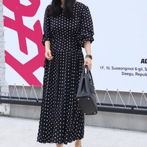 여성 도트 플리츠 주름 땡땡이 퍼프 빅사이즈 결혼식 하객 롱 원피스