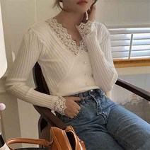 주디앤 여성 페미닌 레이스 슬림핏 긴팔 니트 티셔츠 여리핏 리빙공감