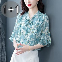 tagi 1+1 여성 쉬폰 반팔 셔츠 빅사이즈 브이넥 잔꽃 블라우스 여름