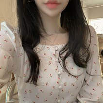 새로운 명소 유령 말 소녀 한국 세련된 나이 감소 로맨틱 시즌 부드러운 작은 꽃무늬 스퀘어 칼라 슬림 짧은 셔츠