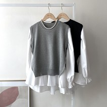 에르디테 / 코디 세트 프릴 면 블라우스+뒷트임 니트 조끼 베스트