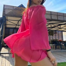 돌잔치맘원피스 돌엄마원피스 돌엄마드레스 여성 한 여름 메쉬 블라우스를 통해 볼 튜닉 솔리드 컬러 헐렁한 슬리브는 어깨 입욕 비치 드레스를