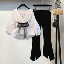 여성 이력서사진옷 면접 정장 자켓 봄 여성용 스트라이프 보우 랜턴 슬리브 블라우스스플릿 플레어 슬리브투피스 세트 탑과 팬츠2 피스