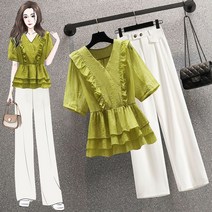 여성 프릴 브이넥 블라우스 부츠컷 와이드 팬츠 상하세트 데일리 투피스