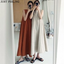 JUST FEEL!NG 빅사이즈/심플/여성/면 마/리넨/캐주얼/롱/민소매/나시/플리츠/원피스