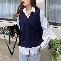 [오버나인] 여성 언발 브이넥 루즈핏 조끼 니트 롱 베스트