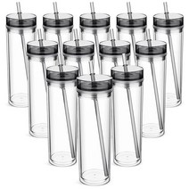 Bokon 12팩 플라스틱 텀블러 뚜껑과 빨대 포함 473.2ml(16온스) 투명 단열 여행용 텀블러 스키니 이중벽 재사용 가능한 대형 컵 물 우유 주스 아이스 커피용, 12_Black