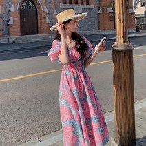 Z3JC 여성 플라워 봄 여름 티타임 허리 날씬해 보이는 여성 롱 원피스