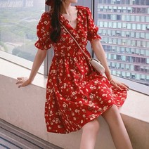 제이블리 레드 플라워 브이넥 쉬폰 플레어 원피스