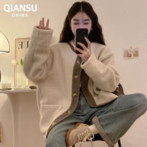 QIANSU 겨울 여성 숏 빈티지 루즈핏 배색 기모에 도톰 램스울 자켓