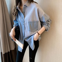 마린데님포켓셔츠 데님블라우스 청블라우스 블루 여성 여자 주머니 루즈핏 빅사이즈 가을 셔츠 봄 데이트 데님프릴블라우스 청블라우스 데님셔츠 청셔츠