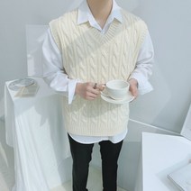 6color 파스텔 꽈배기 브이넥 커플 니트 베스트(MS)