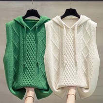(2장세트) 꽈배기 니트 후드 베스트 루즈핏 여자 맨소맨 조끼 스웨터 봄가을 빅사이즈