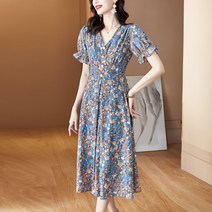 도희날다 2053 꽃무늬 여성원피스 플레어 여름롱원피스 쉬폰프릴 반팔 원피스 허리패턴 숙녀 원피스