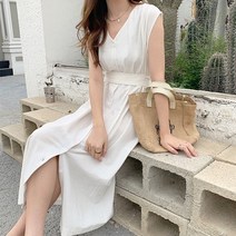 [레티고] 브이넥 포켓 벨트 민소매 롱 원피스