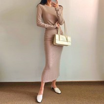 긴팔 셔링 옆트임 슬림 롱 원피스