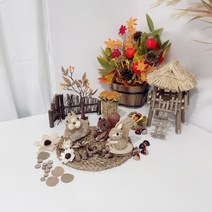 가을 짚단 장식 열매 다람쥐 토끼 대나무 울타리 모형 장식 인테리어 소품, 플라워 짚단 연핑크