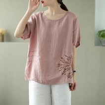 AIRASI 여성 반팔 블라우스 린넨 자수 빅사이즈 라운드