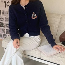 폰시크 데일리 깔끔한 로얄 패치 라운드넥 니트 가디건