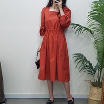 제이후 루즈핏 스퀘어넥 허리 리본 스트링 코튼 박시 셔링 플레어 원피스