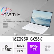 LG 2022 그램16 16ZD95P-GX56K [CPU 12세대 무상 업그레이드 출고] + 한컴오피스 증정, 16GB, FREEDOS, 1TB