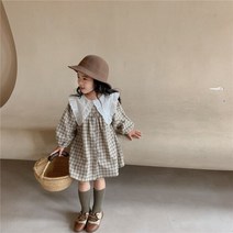 여아용 캐주얼 체크 무늬 드레스 한국 코튼 리넨 공주 큰 턴 다운 칼라 2022 여름