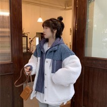 반반 배색 포켓 중학생 여자 후드 집업 후리스 양털 뽀글이 고등학생 블루 빅사이즈