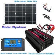 태양광패널세트 솔라판넬 태양광모듈 4000w 자동차 전원 인버터 태양 전지 시스템 키트, 검은색 12v  220v
