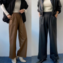 에이스토리 여성 가죽 기모 허리밴딩 스판 데일리 와이드 팬츠