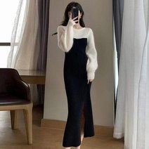 블링앤수 여성 앞트임 머메이드 배색 롱 앙고라 원피스 KZZ375