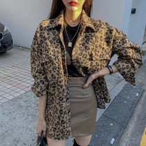 호피아우터 점퍼 자켓 노카라 플리츠 봄 빈티지 레오파드 플러스 사이즈 캐주얼 레오파드