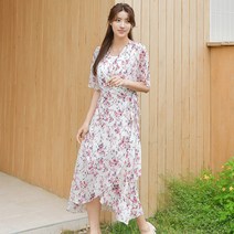 헤링본 여름 롱 비치원피스 프릴 쉬폰 랩원피스 로브 반팔 플라워 휴양지 바캉스 비치웨어 HE055