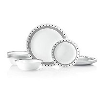 Corelle vitrelle 18 피스 서비스 용 식기 6개 세트 3중 유리 및 칩 방지 경량 원형 접시 그릇 오션 블루, 시티 블록