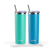 koodee 빨대 달린 591 5ml(20온스) 스키니 텀블러 스테인리스 스틸 이중벽 단열 슬림 여성 남성용 DIY 생일 선물 (퍼플) 미국직송, 2 Count (Pack of 1), 틸 스카이 블루