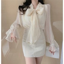 리본 블라우스 타이 스카프 쉬폰 플레어 소매 봄 셔츠 레이스