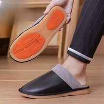가죽 슬리퍼 빈티지 거실화 실내 남녀공용 커플 홈 겨울 보온 속털, 갈색