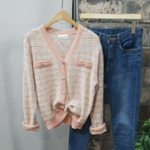 상상그이상 여성용 국내제작 뉴로엘 트위드 가디건 가볍게 걸칠만한 클래식 브이넥 배색 가디건