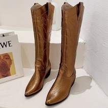 웨지 힐 롱 부츠 웨스턴 니하이 카우보이 여성용 캐주얼 야외 블루 블록 하이힐 나이트 파티 슈즈 겨울