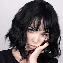 Short Bob Wig Synthetic Hair Wigs for Women Natural Curly Wave Wigs, Natural black with fringe