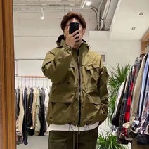 아메카지셋업 레트로 루즈핏 봄 아노락 남성 반집업 바람막이 포켓 후드 그린 테크 웨어