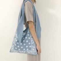하와이안서프 보헤미안 청에코백 - 에스닉 프린트 숄더 포인트 캔버스 에코 쇼퍼백 (연청)