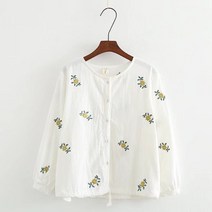 자수 면린넨 숏 블라우스 칠부 소매 셔츠 여성 와이드 루즈핏 숲 단아한 클래식 꿈 0085 가을 작다 IFASHIO N