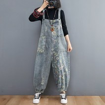 YI MING 빅사이즈 찢청 멜빵바지 데님 점프수트 와이드 멜빵 팬츠 F154