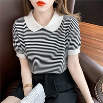 Ogfaour 여름 스트라이프 아이스 니트 반팔 티셔츠