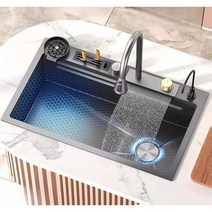 폭포 수전 싱크대 블랙 나노 스틸 가정용 주방 인테리어 채소 과이 씻는, G. 블랙나노75x45+비누디스펜서+정수